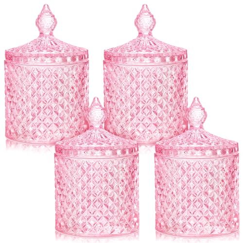 Aoriher 4 Pcs Crystal Glass Candy Jar Set with Lids Home Decorative Storage Jars for Apothecary, Bathroom, Kitchen, and Pantry, Ideal for Cotton Swabs and Jewelry(Medium,Pink)
