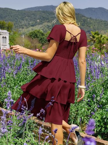 Image of Belle Poque Women's Vintage Square Neck Dress 2026 Summer Short Sleeve Layered Tiered Ruffle A-line Swing Midi Dress