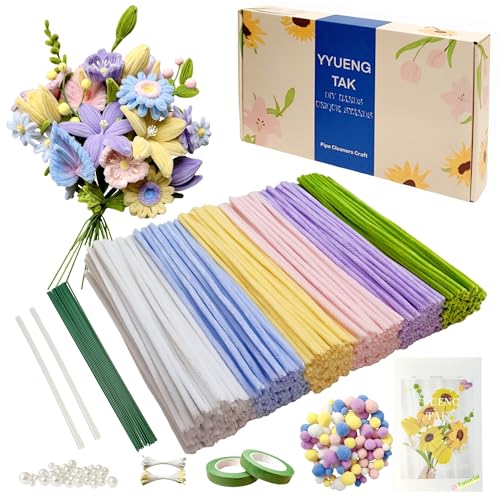 YYUENG TAK 500 Stück Pfeifenreiniger Blumen Set(6 Farben) Pfeifenputzer zum Basteln Blumen pipe cleaners flower mit Anweisungen pompons 20 Stück Blumendraht 2 verschiedene Staubblatt Klebeband
