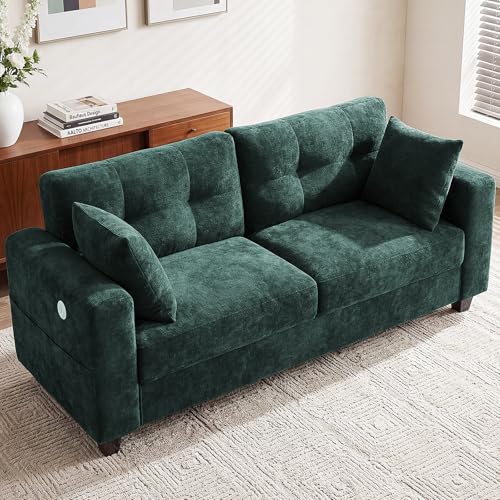 Image of 70 inch Loveseat Sofa for Living Room, Chenille Cloud Couch with USB /Type-C Charging Ports, Side Pockets, Removable Cover, Wide Armrests, Small Couch for Small Space, Easy Assembly, Dark Green