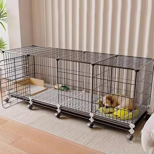 犬用、ペット、猫用ペン、小型犬・中型犬用、室内用、子猫用ケージ、トイレ付き犬小屋、ユニバーサルホイール、マット付き (145×49×47cm)