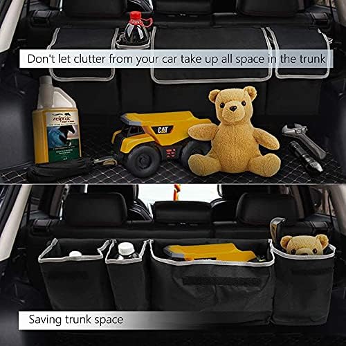 Car Trunk Boot Organizer Storage, MYKOMI Seat Back Protectors Backseat Hanging Organizer for SUV Truck MPV Waterproof 4 Pockets Collapsible Cargo Storage Bag, Car Interior (Black 35.4''x9.8'')