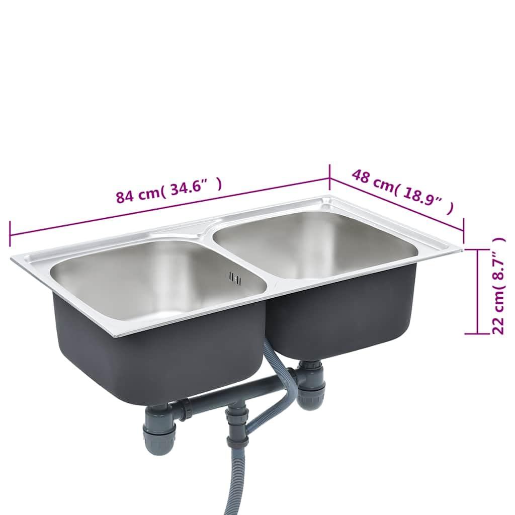 Fregadero de cocina doble de acero inoxidable con colador y sifón, extraprofundo, 84 x 48 x 22 cm, resistente a los arañazos, ahorra espacio, para cocina con escurridor y lavabo, fácil montaje