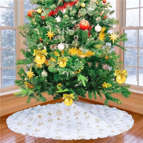 RongXuan Christmas Tree Skirt Plush Round Christmas Tree Blanket with Sequins Snowflake Christmas Tree Stand Carpet Tree Blanket 48 Inches Gold - Image 2