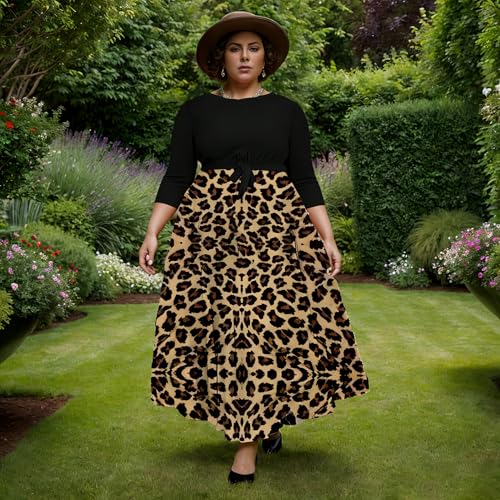 Image of Hostoyo Women Plus Size Formal A Line Maxi Dress Self Tie Waist with Pockets Elegant Round Neck Swing Long Dresses