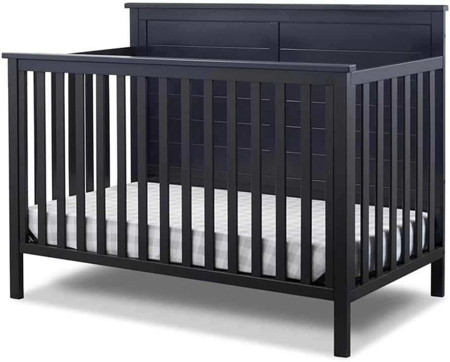 Pemberly Row Contemporary 4-in-1 Convertible Crib, Midnight Finish, Natural New Zealand Pine Wood, Slatted Design with 3 Mattress Heights, Fits Standard Crib Mattress, Converts to Toddler or