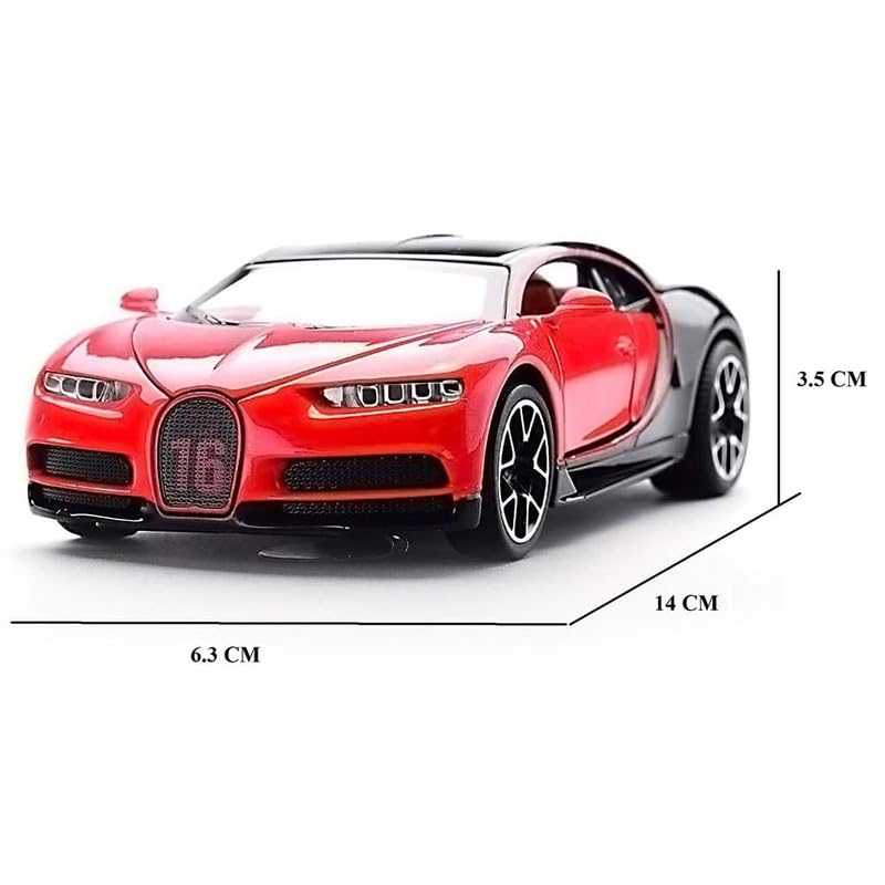 Image of Kids Model 1:32 Bugatti Chiron Die Cast Metal Car Pull Back Action Opening Doors with Realistic Engine Sound Lights Toy Car Gift for Boys - Red