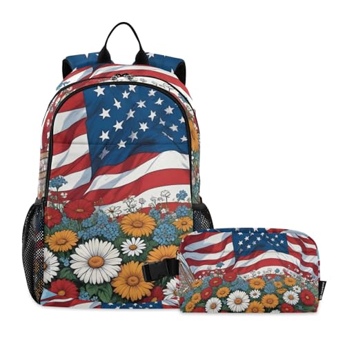 American Colorful Flowers Backpack Lunch Bag Set for Travel Hiking Picnic, Backpacks with Insulated Lunch Box