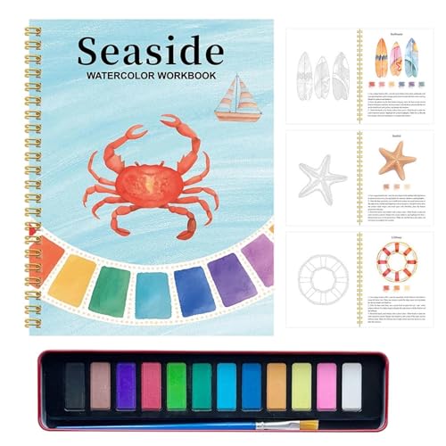 Libro para colorear de acuarela | Suministros para manualidades con 12 colores, incluye colores | Juego de libro de acuarela con pincel, para principiantes, diarios en casa, aulas, viajes, ejercicios