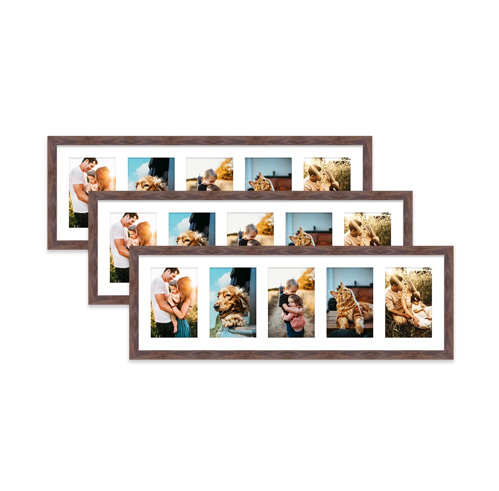 Walnut Multi Photo Frame - Holds 5 x 6x4 Pictures, Family Collage Picture Frame for Wall Display, 8x26 Panoramic Frame Size, Set of 3