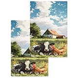 Country Farmhouse Hand Towels Set,Waffle Weave Kitchen Towels 2PCS,Oil Painting Art Farm Cow Cock Barm Floral Microfiber Hair Face Bath Tea Towel Absorbent Quick Drying Clean Dish Cloths,15.7'x23.6'