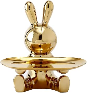 Rabbit Figurine Sculpture Decorative Organizer Jewelry Trinket Box Bunny Statue for New Year Office Wedding Living Room Easter Silver Tray,A