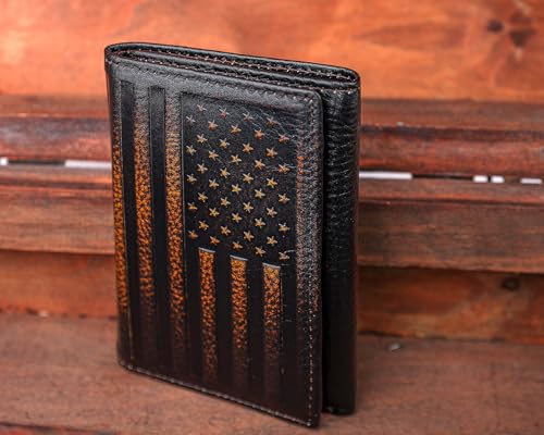 DK86 USA Flag Trifold Wallets for Men American Flag Wallet Full Grain Leather with Hand Burnished Tri-Fold Wallet RFID Blocking - Image 3