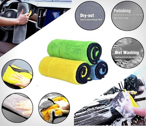 Image of Porslin Pack of 3 Super Absorbent Microfiber Cleaning Cloths 500 GSM | Extra Thick Silk Banded Edge Towels | Scratch-Free Lint-Free Car Bike Auto Interior & Exterior Cleaning (40x40 cm)