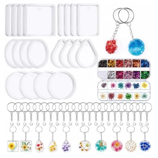 WILLBOND Silicone Resin Keychain Mold Set, Jewelry Pendant Casting Mold DIY Epoxy Keychain Mold with Keychain Rings, Dried Flower and Round Sequins for DIY Craft Making Supplies, 67 Pieces