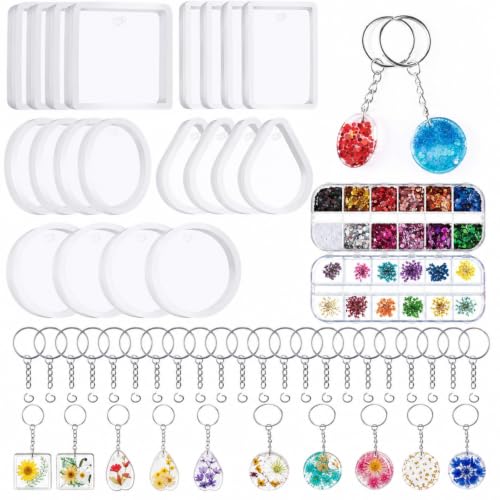 WILLBOND 67 Pieces Resin Keychain Mold Silicone with Hole Resin Molds Silicone Keychains Making Kit with Keychain Rings Dried Flower Round Sequins for Keychains Pendant Jewelry Making Supplies