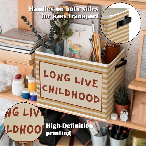 Image of Kids Storage Bins Box with Handles, Burnt Orange Striped Collapsible Basket Organizer for Kids Room Nursery Bedroom Bathroom Books Clothes