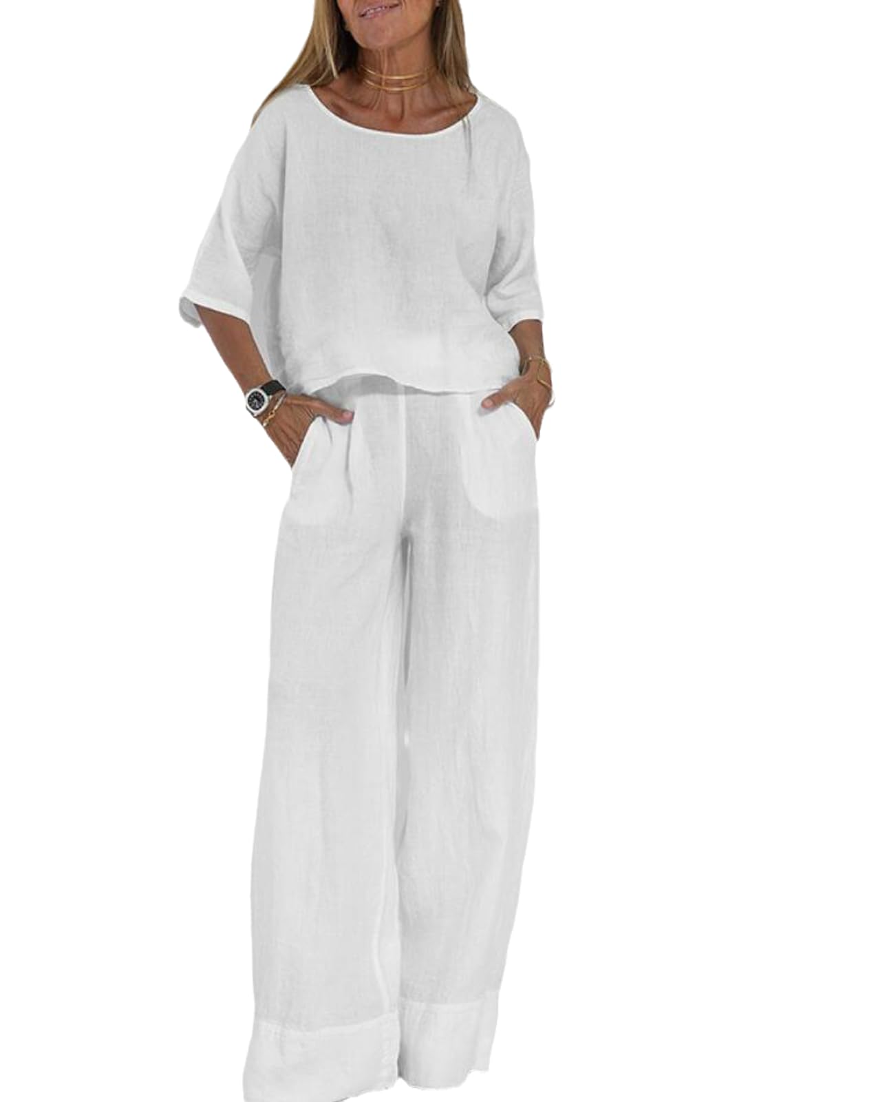 Chahuer Conjunto De Chándal Casual De Lino De Algodón para Mujer Conjunto De Camisa y Pantalones De Lino De Media Manga De Color Sólido De Verano Conjunto De Dos Piezas