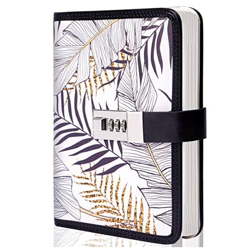 CAGIE Journal with Lock Combination Digital 224 Pages Lockable Secrets Diary, Printed Leaves Design Locking Journal for Adults, 5.1 x 7.4 Inch, White