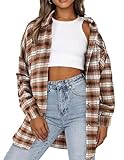 HOTOUCH Brown Plaid Flannel Shirts Women's Classic Long Sleeve Lightweight Shackets Collared Button Down Tops Business Casual Blouses Fall Outfits Brown L