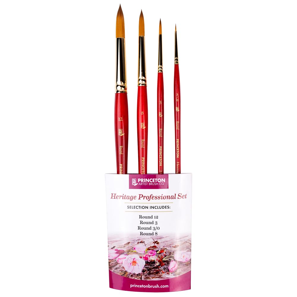 Princeton Artist Brush Co. Heritage - Set di 4 pennelli sintetici per acquerelli, professionali, in zibellino per pittura ad acquerello, per dettagli, controllo e tratti versatili, dimensioni 3/0, 3
