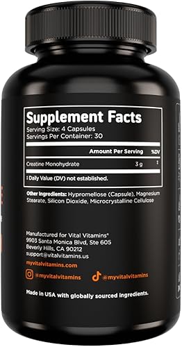 Miniatura 9 de Vital Vitamins Cápsulas de monohidrato de creatina, píldoras micronizadas de creatina para mujeres y hombres, apoyo cognitivo, fuerza, recuperación