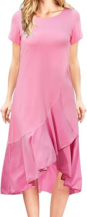 Jayscreate Womens 2024 T Shirt Dress High Low Hem Casual Long Summer Flowy Short Sleeve Wedding Guest Midi Dress Pink
