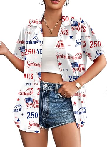 Image of American Flag Shirt for Women 4th of July USA Button Up Tops Summer Hawaii Floral Patriotic Stripes Graphic Tee