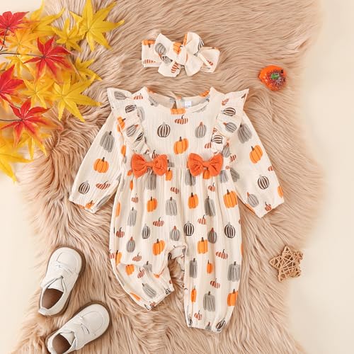 Newborn Baby Girl Halloween Outfits Long Puff Sleeve Cotton Linen Romper Pumpkin Jumpsuit Fall Thanksgiving Clothes2