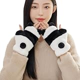 SJTJSPX Mitaines Hiver Femme,Mignon Panda Gants Peluche,Mitaines avec Convertibles Rabat,Gants Demi Doigts,Chaud Moufle de Ski,Sport,Cyclisme,Conduite,Moto,Gloves sans Doigts Écran Tactile