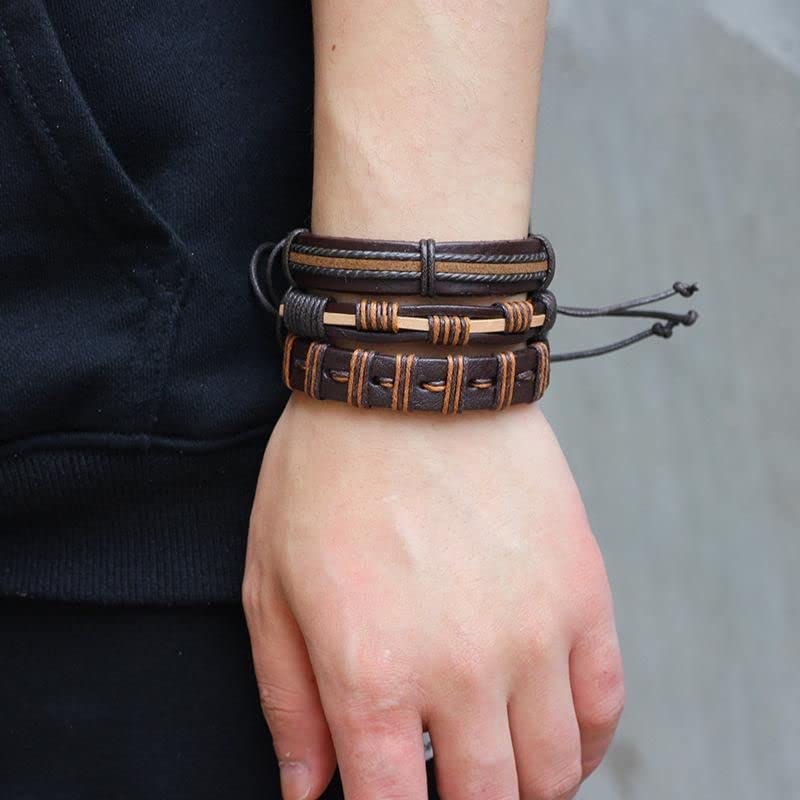 Image of PU Leather Brown Handcrafted Stylish Unisex Bracelet(set of 6)