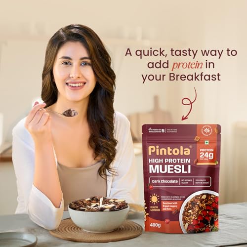 Pintola High Protein Muesli Dark Chocolate & Cranberry 400 grams (pack of 1), 24g Protein, High Fibre, Trans Fat Free with Brown Sugar, Real Fruits, Healthy Breakfast