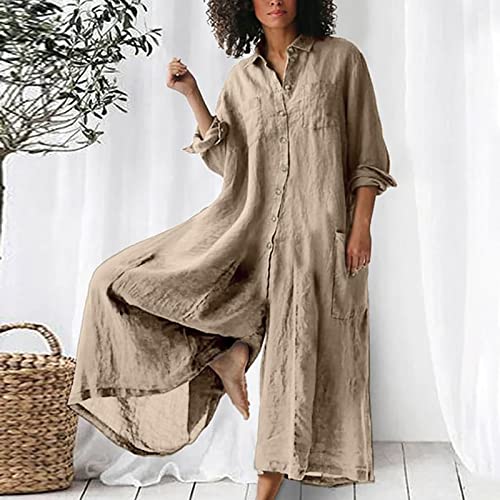 Women's Summer Jumpsuits & Playsuits Stylish Sexy Laple Button Long Sleeve Dungarees Loose Breathable Straight Wide Leg Rompers Ladies Solid Cotton Linen Oversize Overalls - Image 2