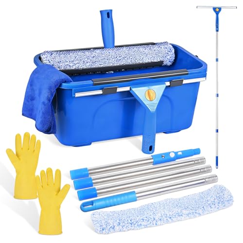 Professional Window Cleaning Kit Window Washing Kit with 3 Gallon Bucket 14-Inch Squeegee & 15-Inch Scrubber 61-Inch Extendable Pole Window Cleaning Equipment for Home & Commercial (61 inch)