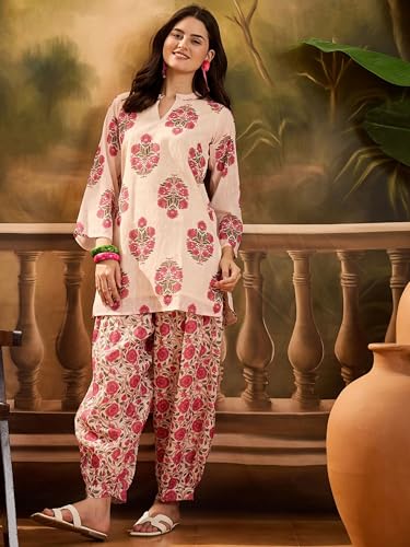 Image of EthnicJunction Women's Linen Floral Print Summer Wear Straight Short Kurti With Afghani Pant Set | Co Ord Set for Women Stylish | Fusion wear Women