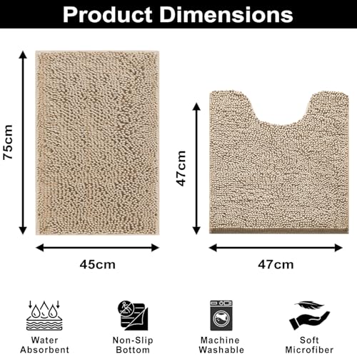 Image of LUXEHOME International Microfibre Chenille Contour Bath Mat Set for Bathroom, Anti Slip Super Absorbent Quick Dry Washable Bathroom Mats, Solid (Beige 45x75cm & 47x47cm) Pack of 2