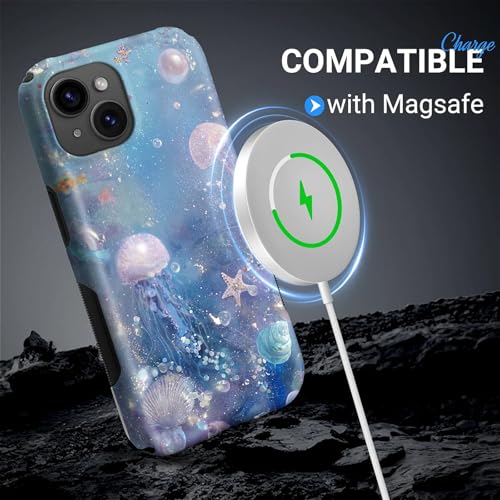 Coque rigide iPhone 15 méduse bleu protégeant des chutes avec silicone MagSafe