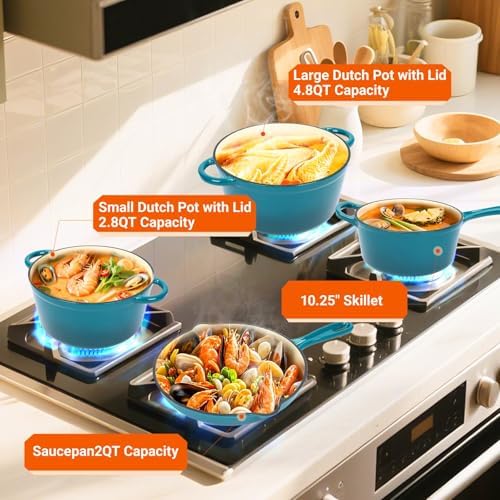 Ceramic Coated Cast Iron Cookware Set, 7-Piece Enameled Dutch Oven and Skillet Set with Lids, Nonstick Pots and Pans Set for Bread Baking, Oven Safe, Induction Compatible, PFAS-Free (Light Cyan) - Thumbnail 4
