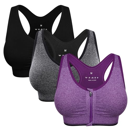 Women's Zip Front Sports Bra Wireless Post-Surgery Bra Active Yoga Sports Bras, 3 Pack(black+grey+purple), Medium