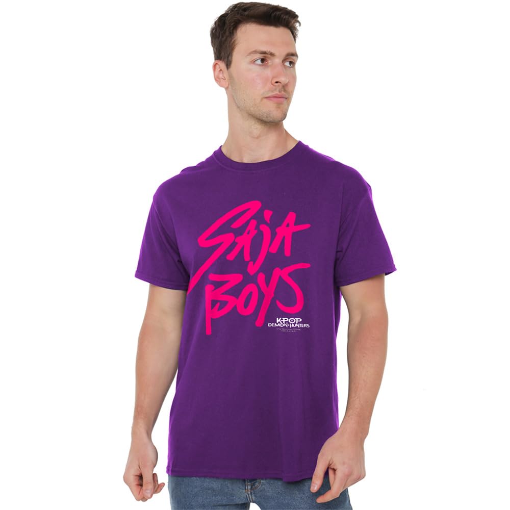 Kpop Demon Hunters Unisex Kids Purple K-Pop Demon Hunters - Saja Boys Pink Logo T Shirt, Medium