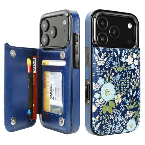 uCOLOR for iPhone 17 Pro Wallet Case with Card Holder PU Leather RFID Blocking Design iPhone 17 Pro flip case for Women Men Magnetic Clasp Kickstand Design 6.3 inch (Blue Daisy)
