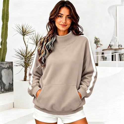 Coal2ToalPW Womens Mock Neck Sweatshirt Striped Sleeve Pullover Top Khaki