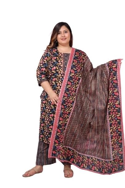 Plus Size Floral Print Pure Cotton Straight Kurta, Dupatta & Pant Set Black