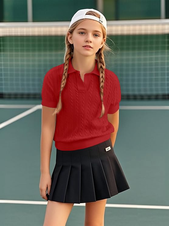 Image of Girls Short Sleeve Polo Shirt Summer Knit School Uniform Blouse V Neck Cable Pullover Sweater Tops 5-14 Years