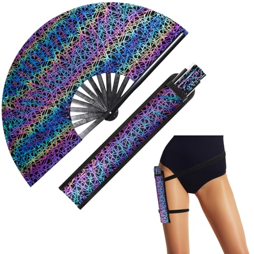 Image of FairySandy Large Rave Fan UV Glow Clack Summer Hand Fan with Thigh Holster for Women Carnival Party Supplies for Carnival Edm Music Festival Club Accessories(Reflective Ripple,Blue Purple)