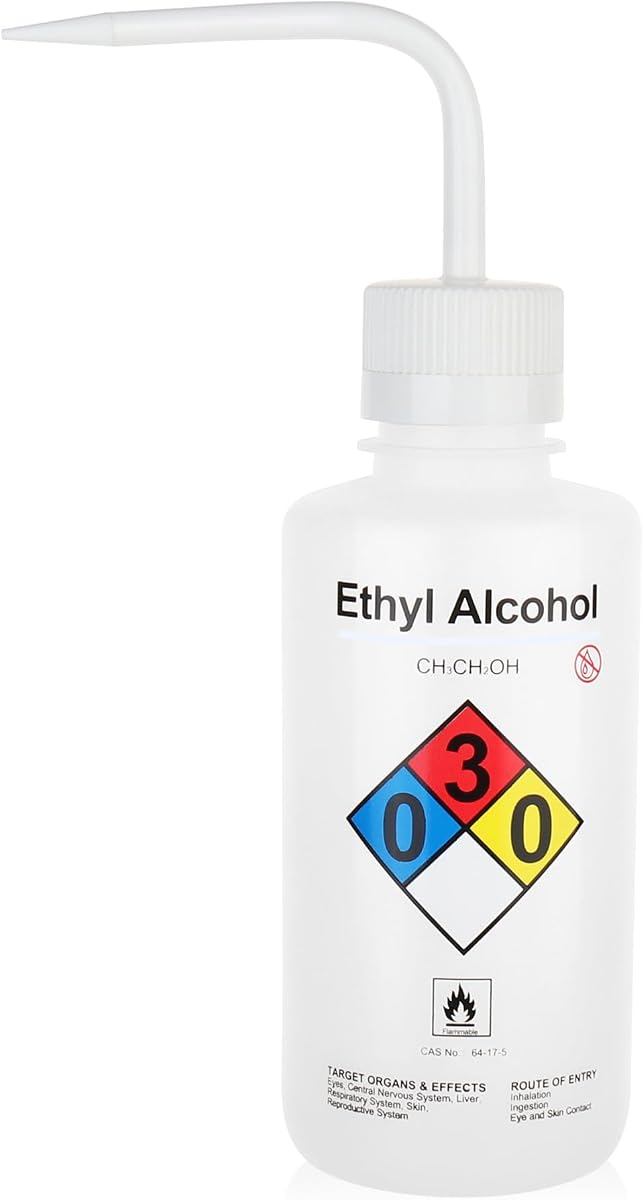 Botellas de lavado con alcohol etílico, 1 unidad de volumen 500 ml (17 oz), boca estrecha, botellas de lavado de seguridad con ventilación automática, material LDPE, IN-WBE501