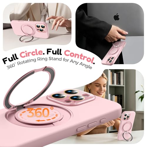 Image of Silicone 360 Spin Magnetic Stand Case for iPhone 16 Pro Max, [Compatible with Mag-Safe][Reinforced Hard Camera Protection] Liquid Silicone Rubber Phone Cover with Ring, Camera Button, Pink