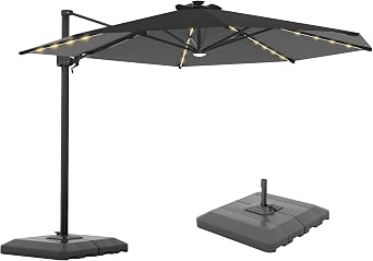 FLAME&SHADE 11ft Cantilever Patio Umbrella with Base, Round Offset Umbrella with Solar Light Strips, Large Heavy Duty Outdoor Aluminum 360 Rotation,for Deck,Pool,Backyard