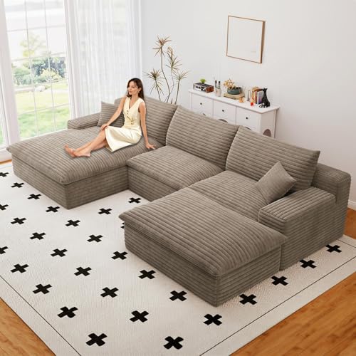 Image of 107 inch Cloud Couch Modular Sectional Sofa for Living Room, U-Shape Boneless Couch with Deep Seat, Modern Corduroy 3-Seater with Ottoman, No Assembly Required (Camel,Left-Facing Chaise)