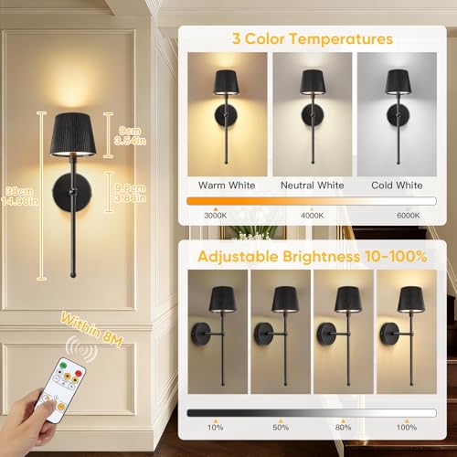 Black Rechargeable Wall Light with Remote Control - Retro Battery Operated Wall Lights Indoor for Living Room Bedroom - 3 Color Temperatures Wireless Wall Sconces - Striped Lampshade 2 Pack - Image 4